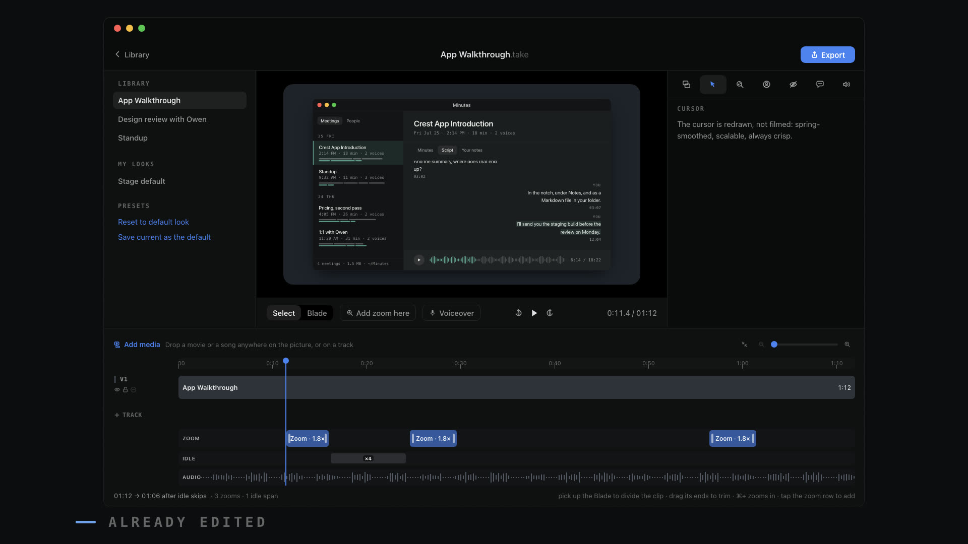 A still from the Take film: the editor with a recording staged on a dark backdrop and zooms on the timeline.